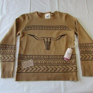 Cotton Rye Women's Long Sleeve Steer Longhorn Knit Sweater Tan